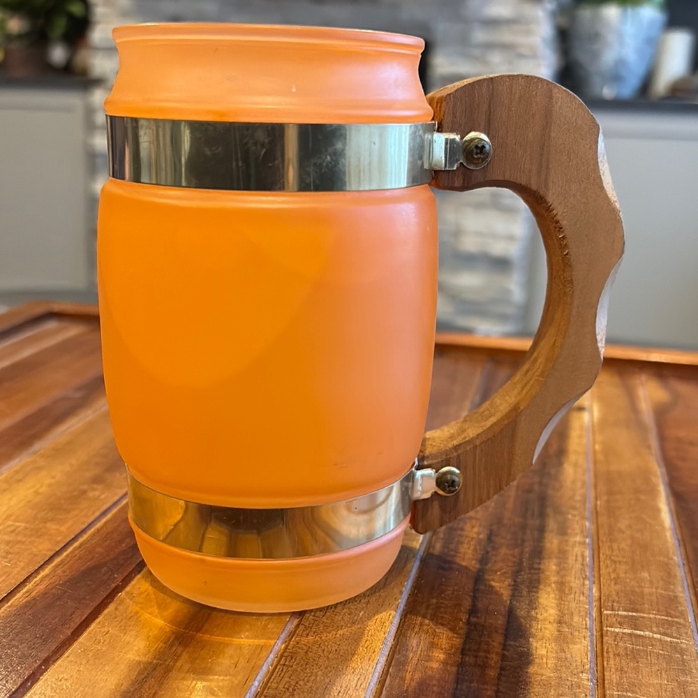 Vintage Siesta Ware Frosted Orange Banded Mug with Wooden Handle